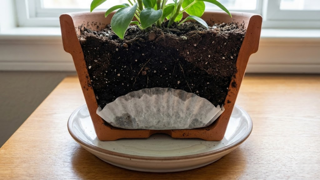 Filtro de café no vaso permite drenagem da água sem perder terra nem entupir os furos
