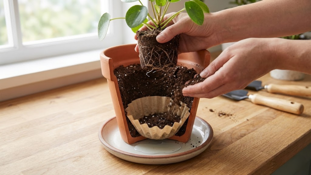 Filtro de café no vaso permite drenagem da água sem perder terra nem entupir os furos
