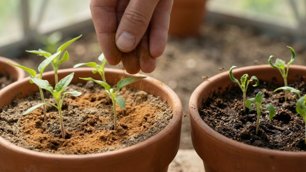 Canela em pó na terra ajuda a prevenir fungos e proteger mudas jovens de doenças
