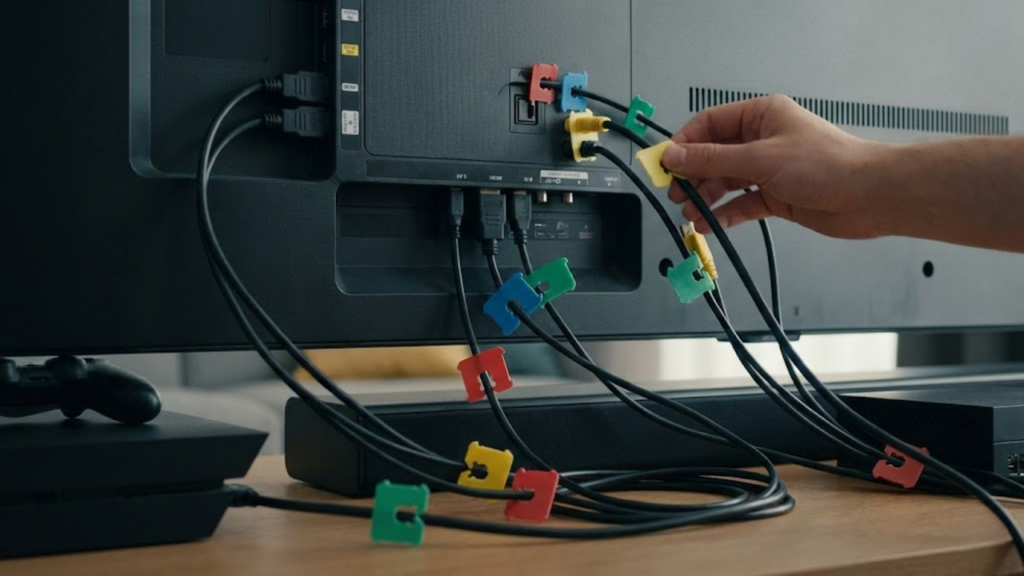 Prendedores de pão ajudam a rotular cabos atrás da TV e facilitam identificação rápida