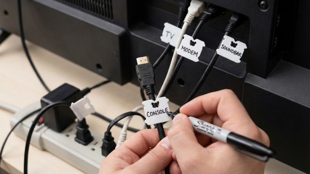 Prendedores de pão ajudam a rotular cabos atrás da TV e facilitam identificação rápida