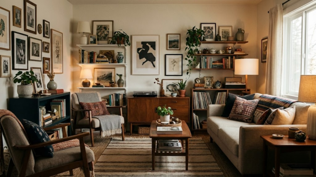 Estilo cluttercore valoriza objetos pessoais visíveis com organização e sensação de aconchego
