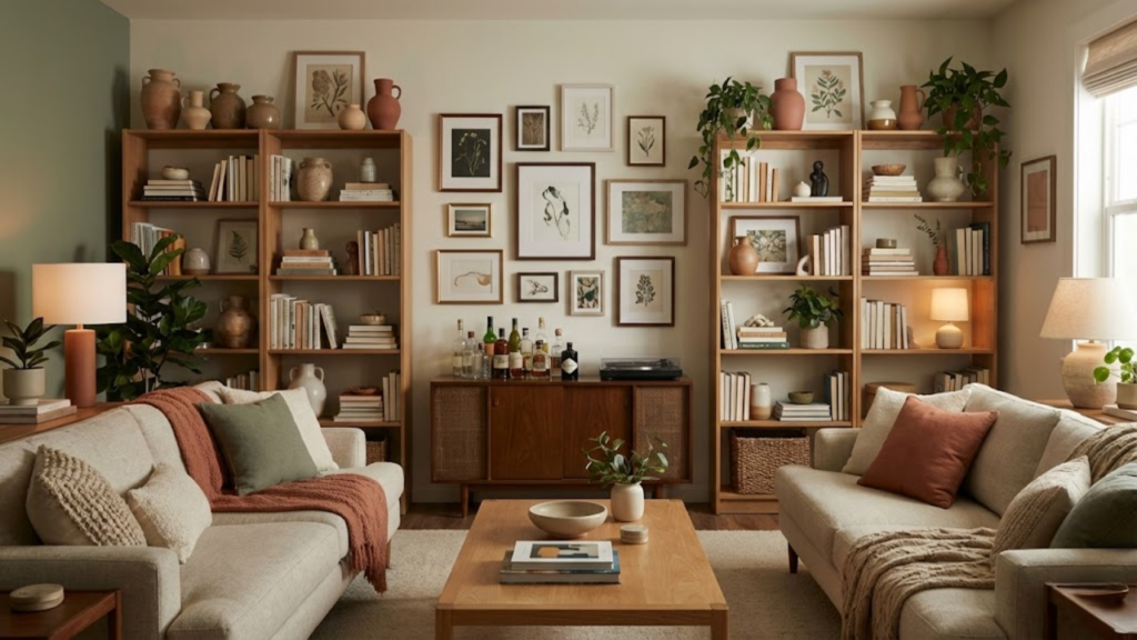 Estilo cluttercore valoriza objetos pessoais visíveis com organização e sensação de aconchego
