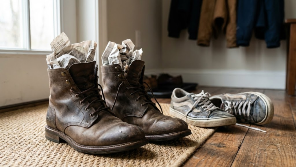 Jornal amassado dentro dos sapatos absorve umidade e ajuda a manter a forma
