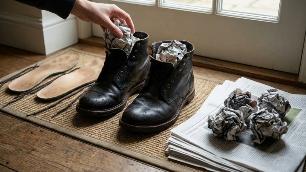 Jornal amassado dentro dos sapatos absorve umidade e ajuda a manter a forma
