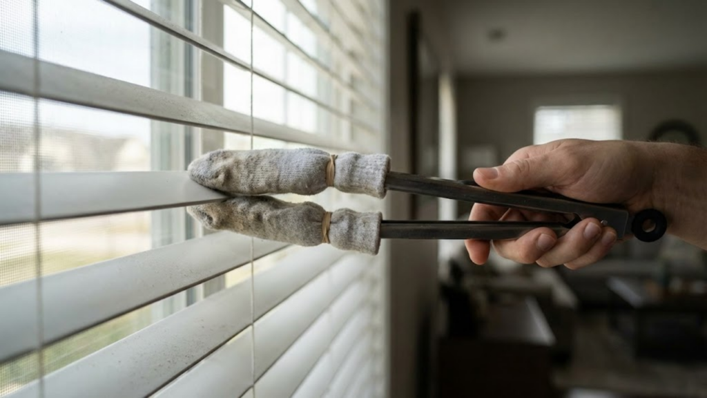 Pegador com meia envolve as lâminas da persiana e remove poeira de ambos os lados com facilidade
