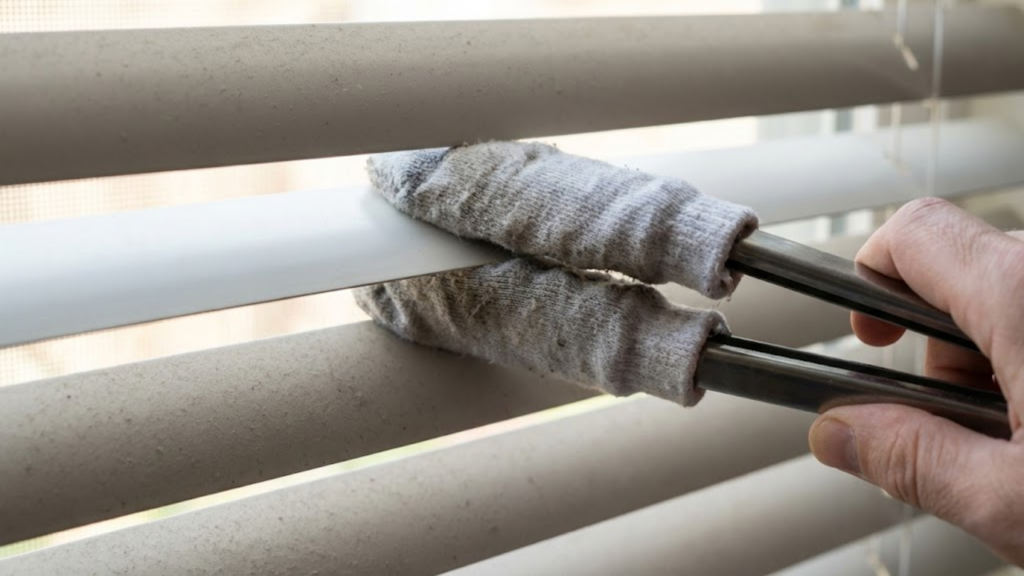 Pegador com meia envolve as lâminas da persiana e remove poeira de ambos os lados com facilidade
