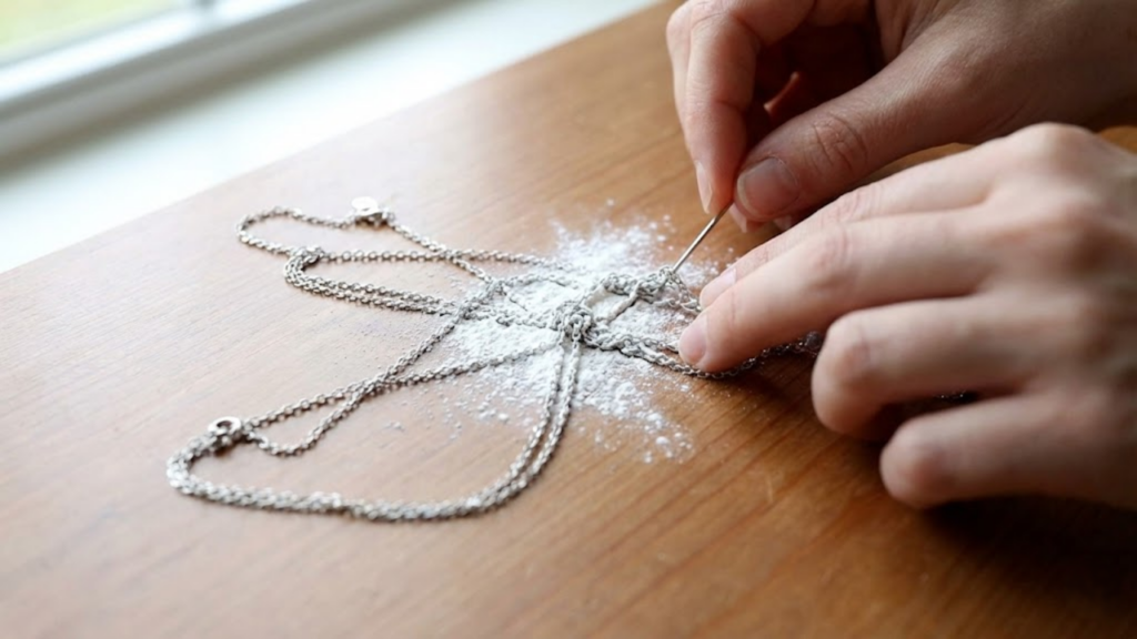 Talco reduz atrito entre os elos, facilitando soltar nós em correntes e colares delicados
