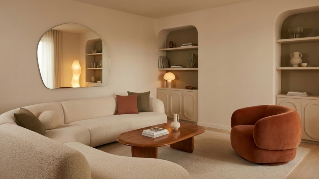 Linhas curvas nos móveis criam ambientes mais acolhedores e fluidos em contraste ao visual rígido do passado