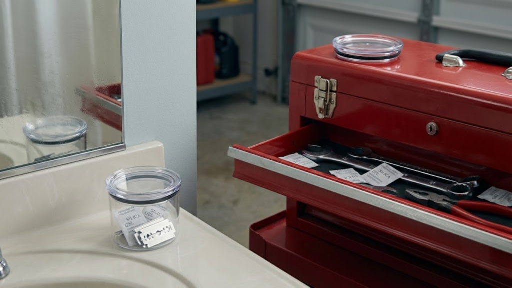 Sílica gel absorve a umidade e ajuda a evitar ferrugem em ferramentas e lâminas guardadas
