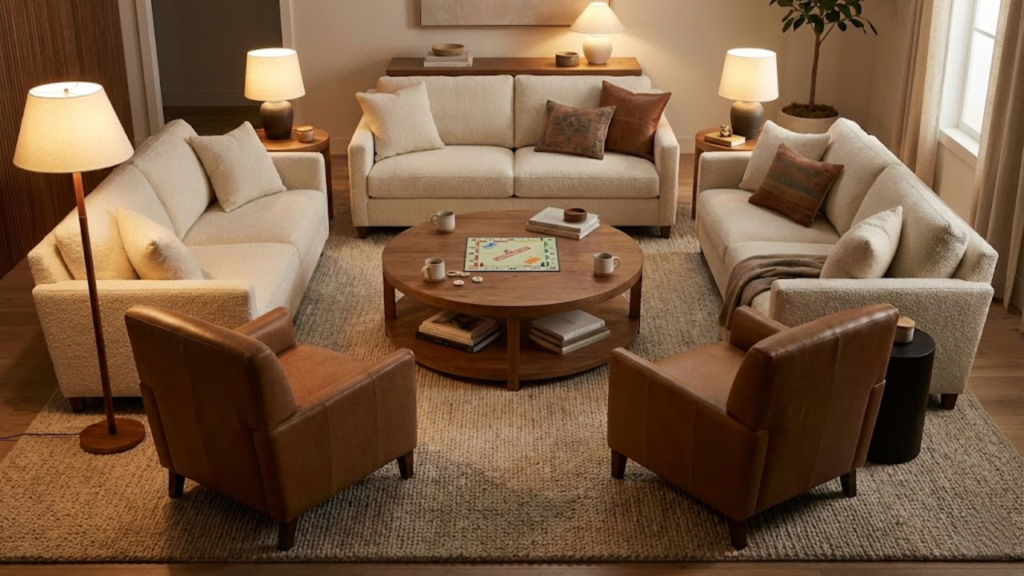 Layout circular com sofás aproxima pessoas, favorece conversa direta e reduz foco em telas
