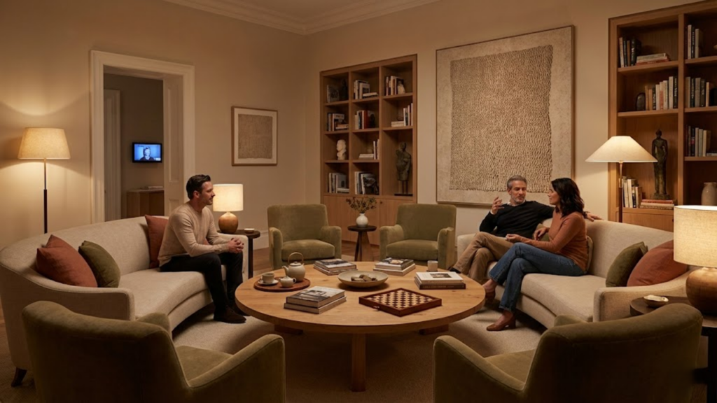 Layout circular com sofás aproxima pessoas, favorece conversa direta e reduz foco em telas
