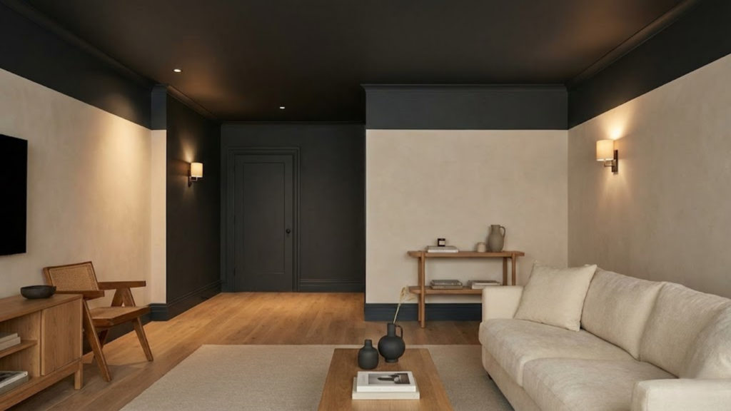 Teto escuro cria profundidade visual, envolve o ambiente e reforça sensação de espaço contínuo
