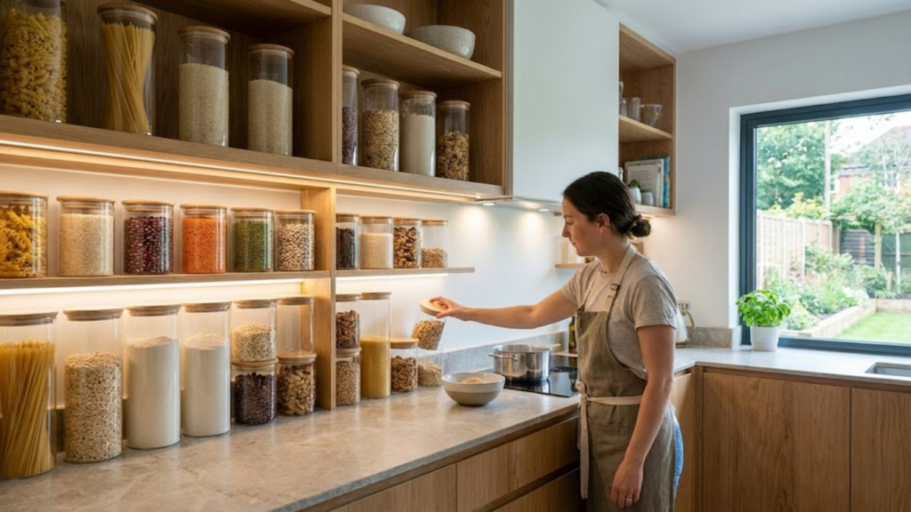 Despensas visíveis transformam potes de grãos e macarrão em elementos decorativos organizados
