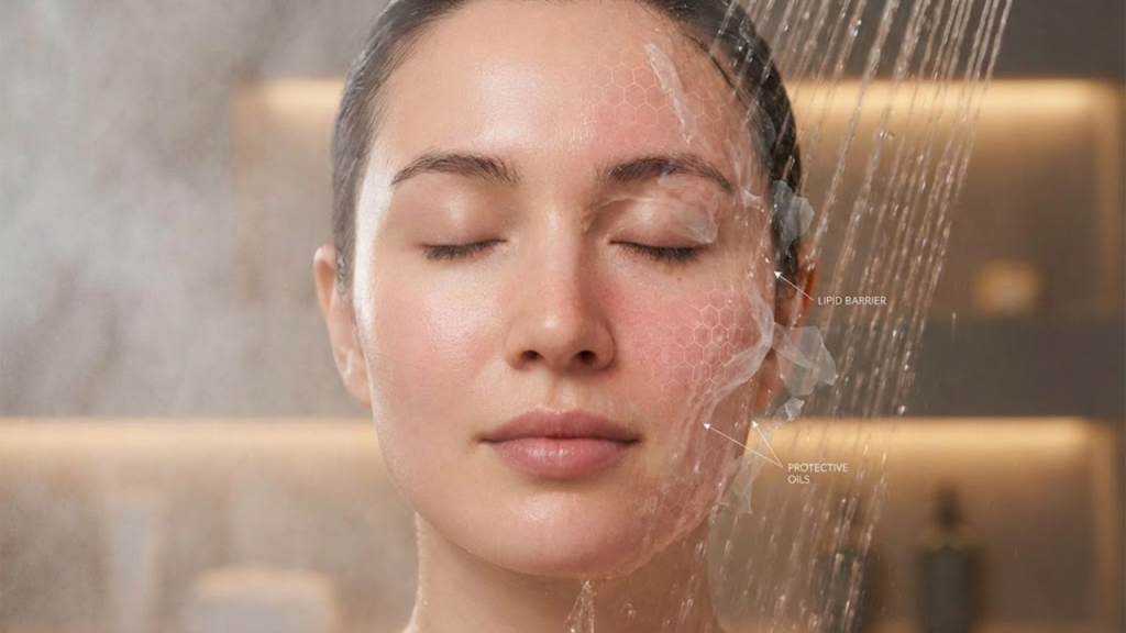 Efeitos da água quente na pele do rosto, como ressecamento e irritação cutânea
