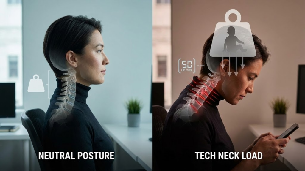 Impacto da postura tech neck na coluna e ajustes para reduzir dores nas costas

