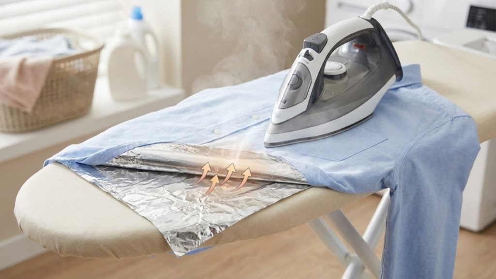 Uso de papel alumínio na tábua para acelerar o alisamento das roupas
