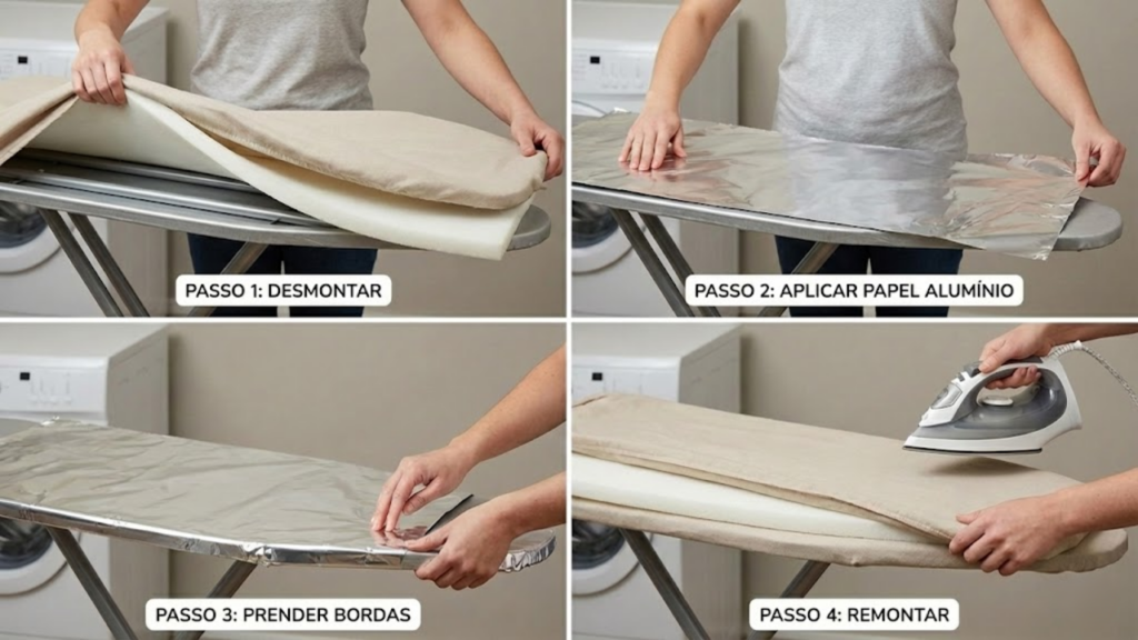 Uso de papel alumínio na tábua para acelerar o alisamento das roupas
