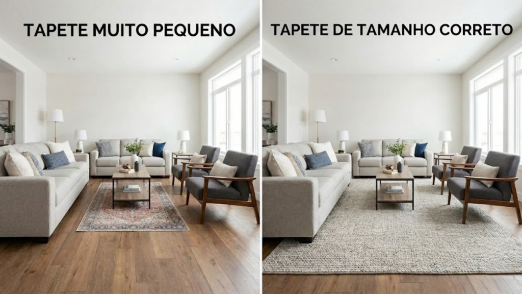 Impacto do tapete pequeno na proporção da sala e na percepção de espaço
