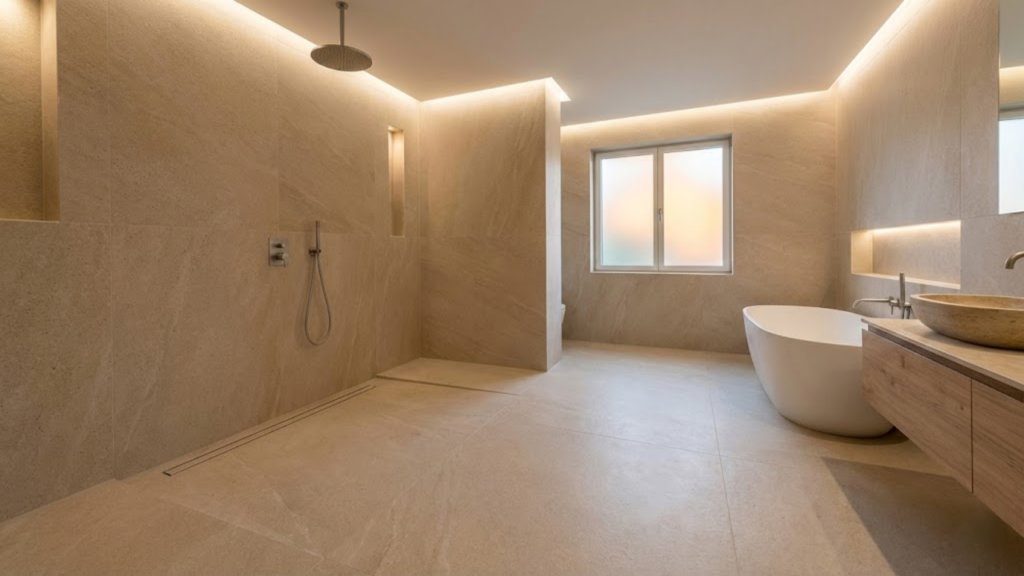 Conceito de banheiros molhados que substitui o box de vidro e amplia a sensação de espaço
