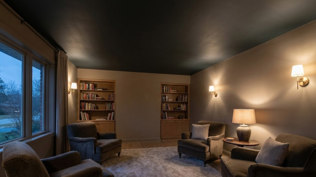 Uso de teto escuro como recurso visual para criar aconchego e delimitar ambientes
