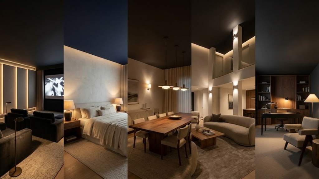 Uso de teto escuro como recurso visual para criar aconchego e delimitar ambientes
