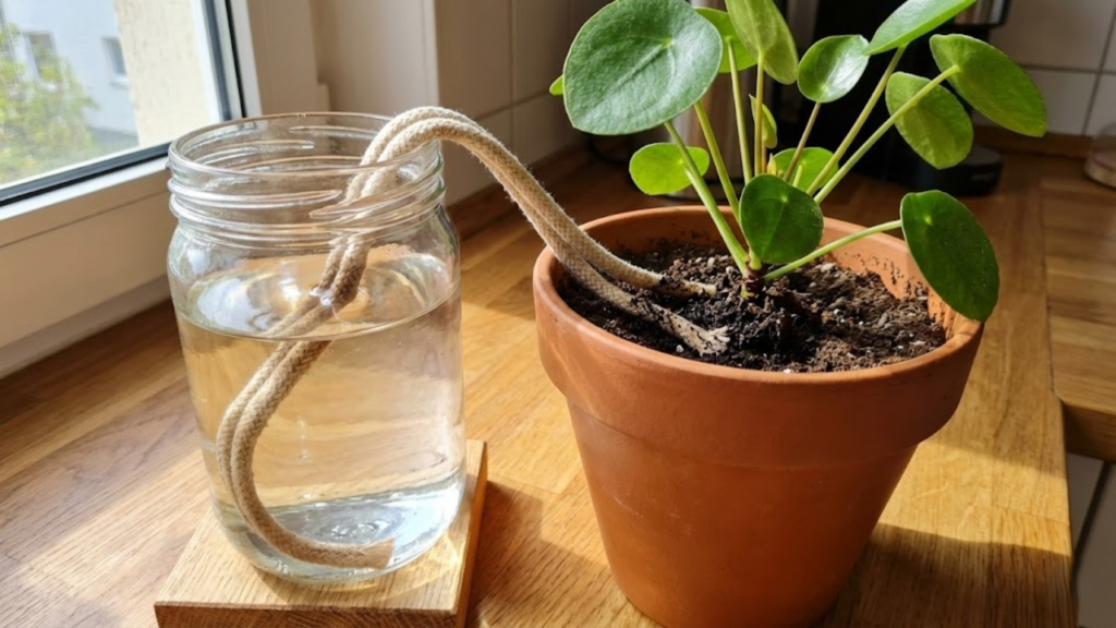 Uso do barbante como método simples de irrigação contínua para plantas durante viagens
