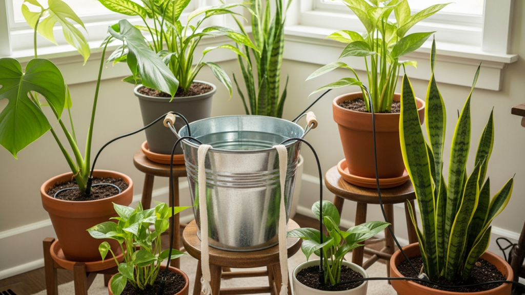 Uso do barbante como método simples de irrigação contínua para plantas durante viagens
