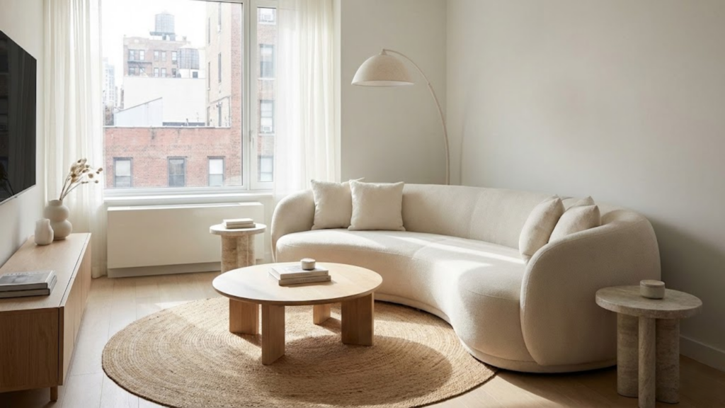 Preferência por sofás curvos e orgânicos para otimizar circulação em salas pequenas
