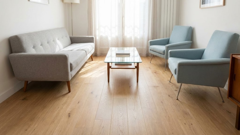 Escolha de móveis proporcionais, leves e elevados que ampliam visualmente salas pequenas
