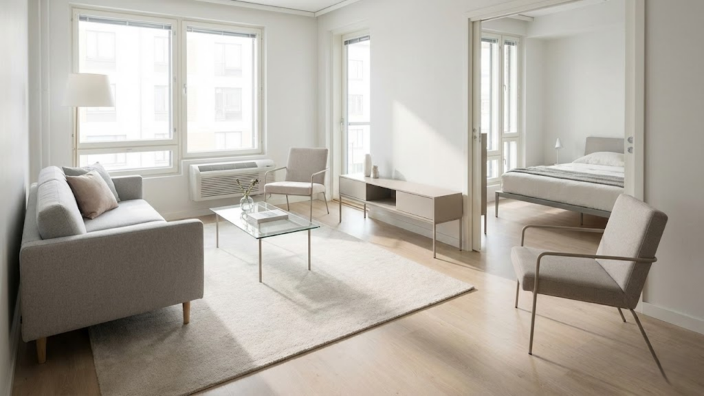 Escolha de móveis proporcionais, leves e elevados que ampliam visualmente salas pequenas
