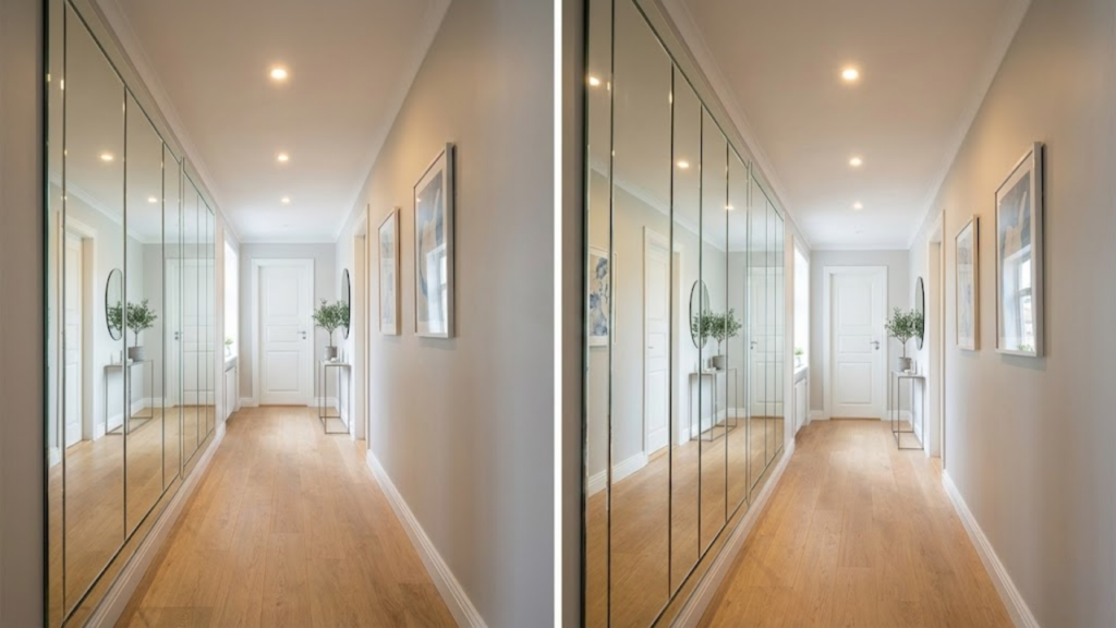 Espelhos do chão ao teto ampliam corredores estreitos e criam sensação de infinito