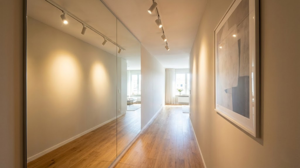 Espelhos do chão ao teto ampliam corredores estreitos e criam sensação de infinito