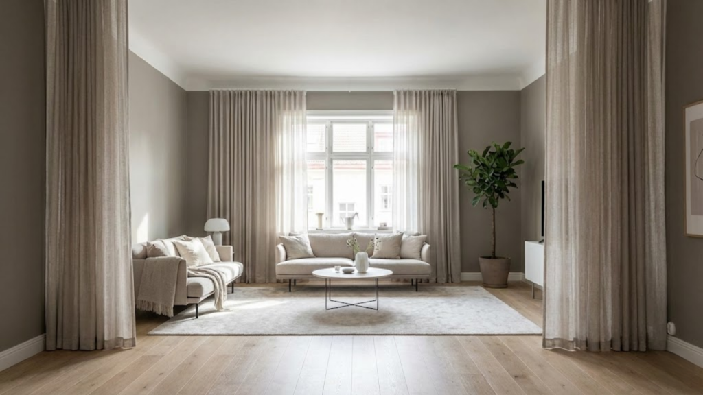 Escolha inadequada de cortinas que reduz visualmente o tamanho da sala
