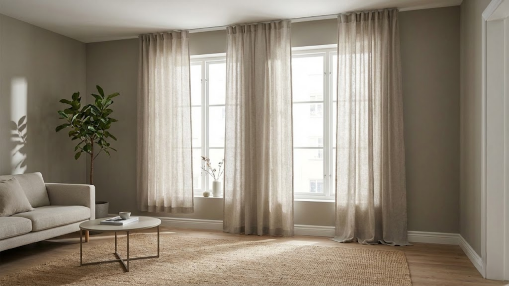 Escolha inadequada de cortinas que reduz visualmente o tamanho da sala
