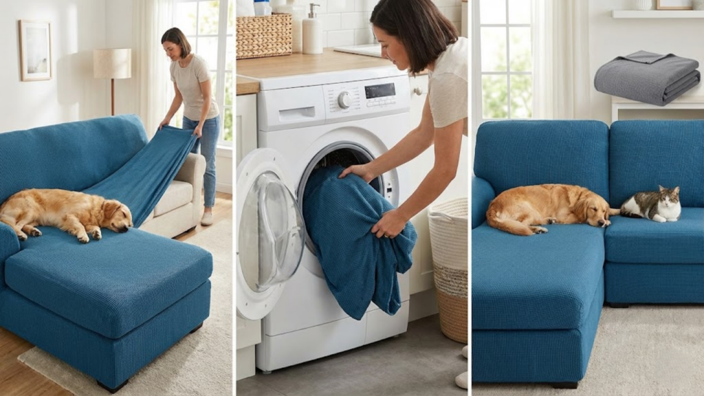 Capas elásticas texturizadas que escondem danos do gato e renovam o sofá com praticidade
