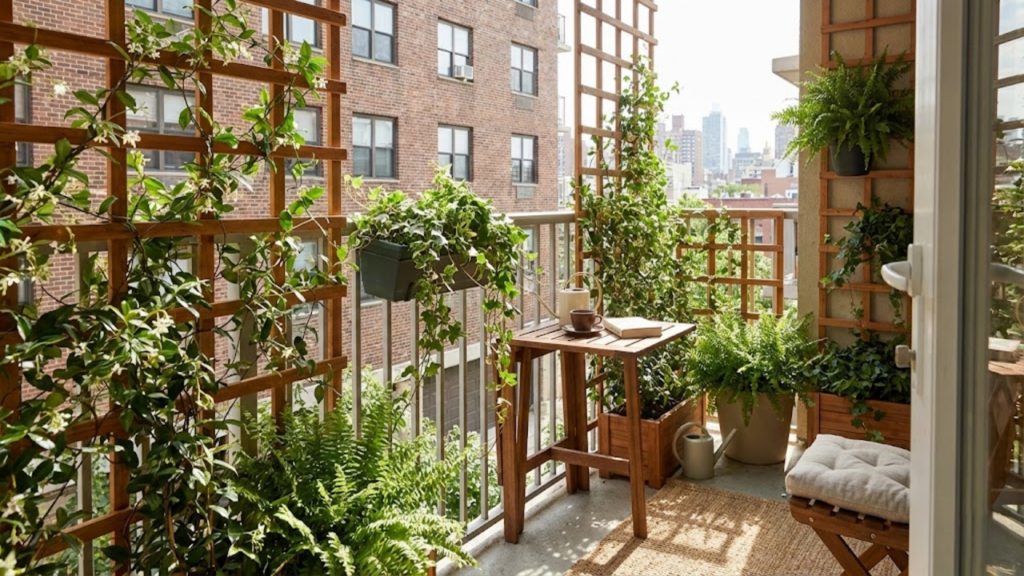 Treliças de madeira baratas permitem criar jardim vertical na sacada com privacidade e frescor
