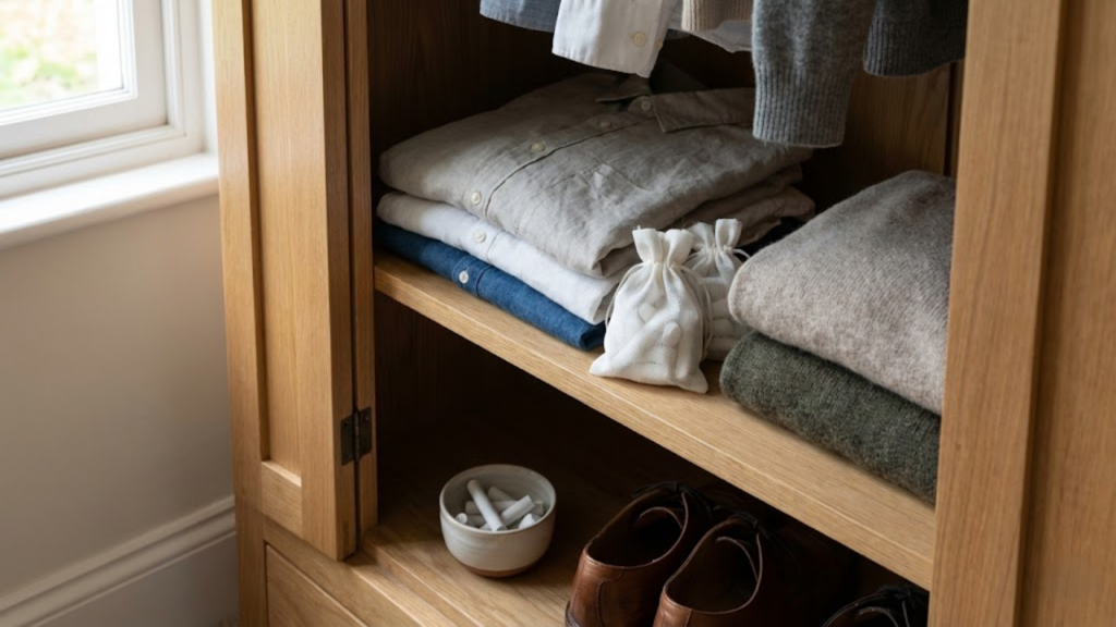 Uso do giz no guarda-roupa para absorver humidade e eliminar cheiro a mofo
