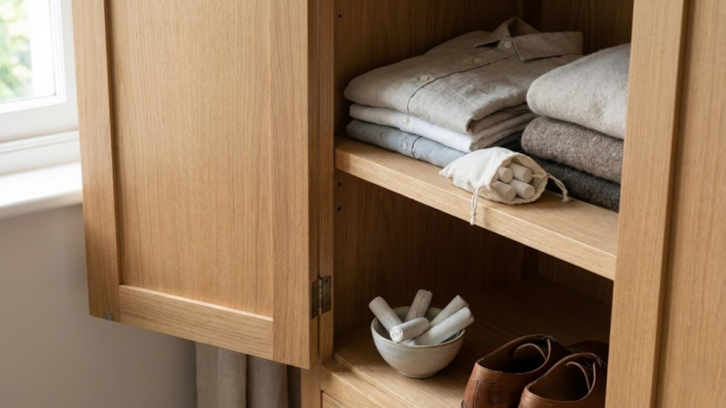 Uso do giz no guarda-roupa para absorver humidade e eliminar cheiro a mofo
