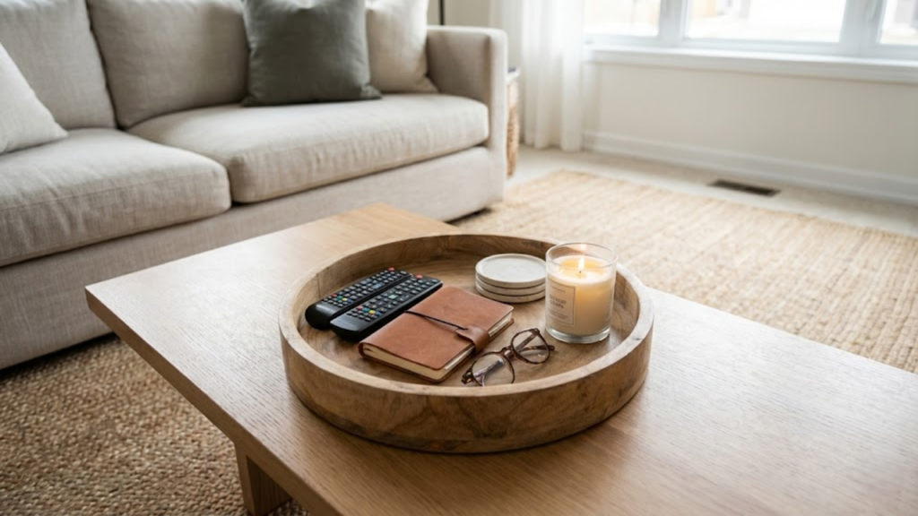 Bandeja decorativa organiza objetos na mesa de centro e valoriza o visual da sala
