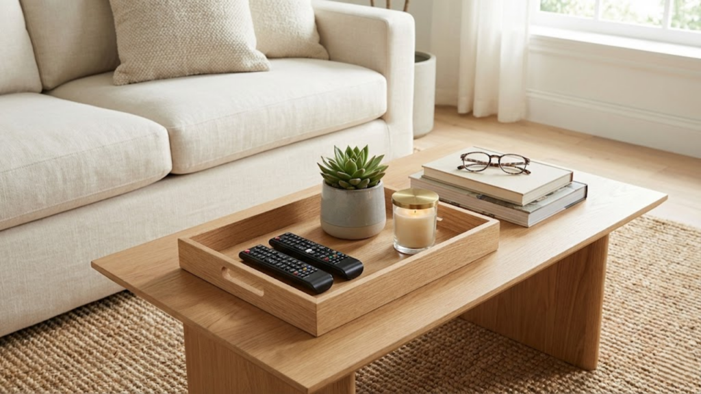 Bandeja decorativa organiza objetos na mesa de centro e valoriza o visual da sala
