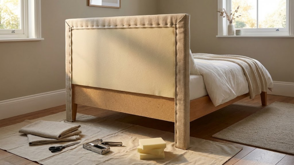 Cabeceira estofada feita com madeira, espuma e tecido para decorar o quarto gastando pouco
