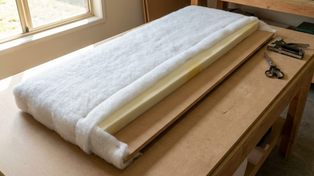 Cabeceira estofada feita com madeira, espuma e tecido para decorar o quarto gastando pouco
