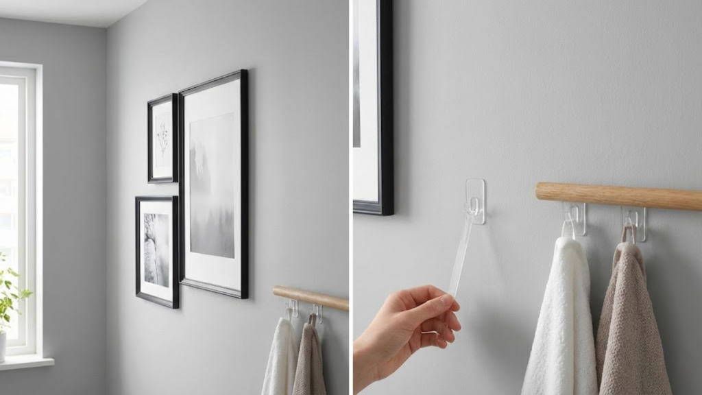 Métodos adesivos removíveis permitem pendurar quadros e toalhas sem furar a parede
