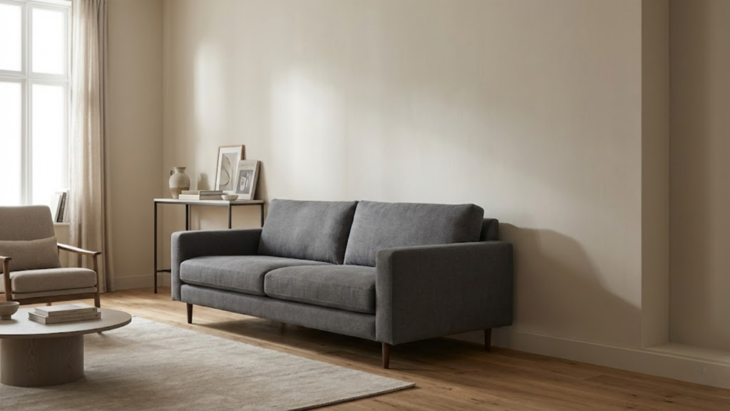 Pequeno afastamento do sofá da parede melhora circulação e percepção de espaço
