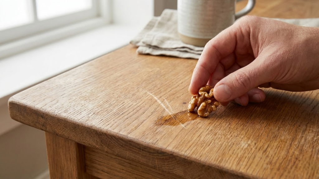 Uso da noz como solução caseira para disfarçar riscos superficiais em pisos e móveis de madeira
