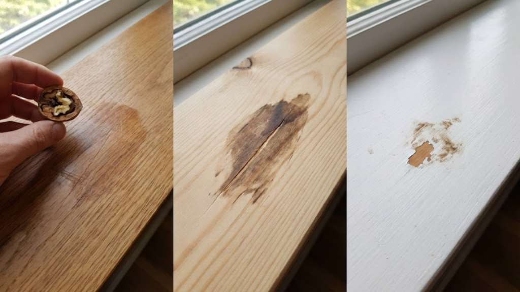 Uso da noz como solução caseira para disfarçar riscos superficiais em pisos e móveis de madeira
