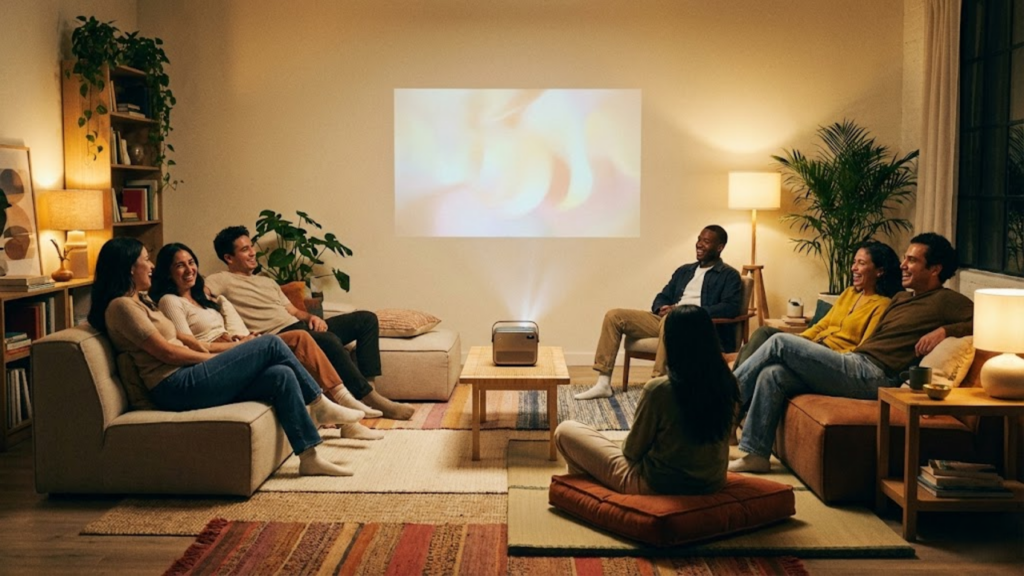 Projetores portáteis substituem TVs e favorecem salas mais flexíveis e sociais
