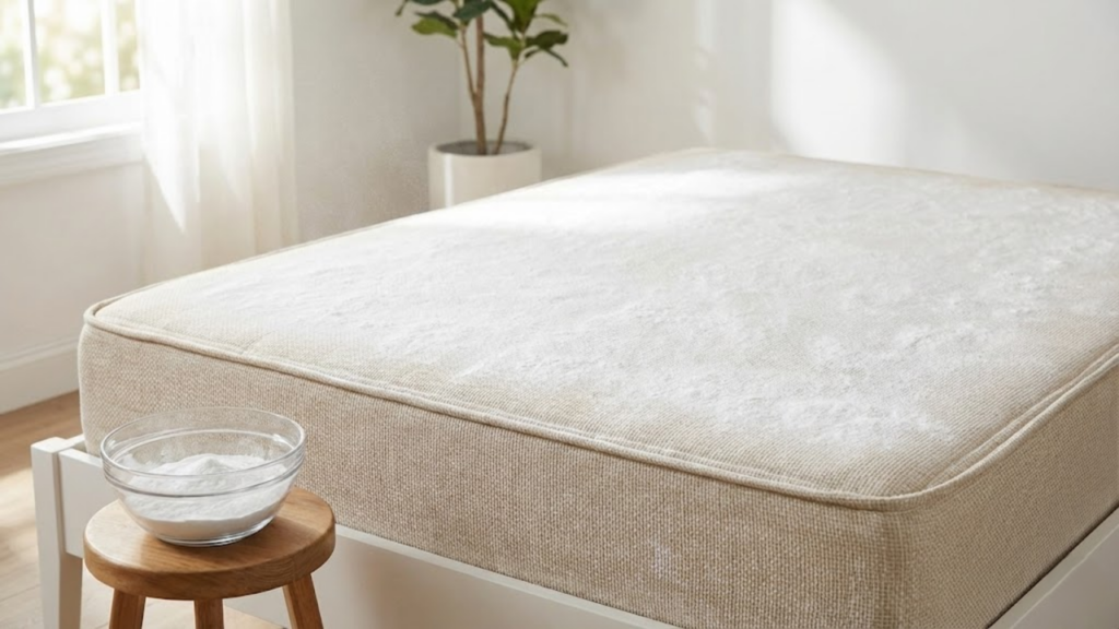 Aplicação de bicarbonato no colchão para eliminar odores e reduzir ácaros
