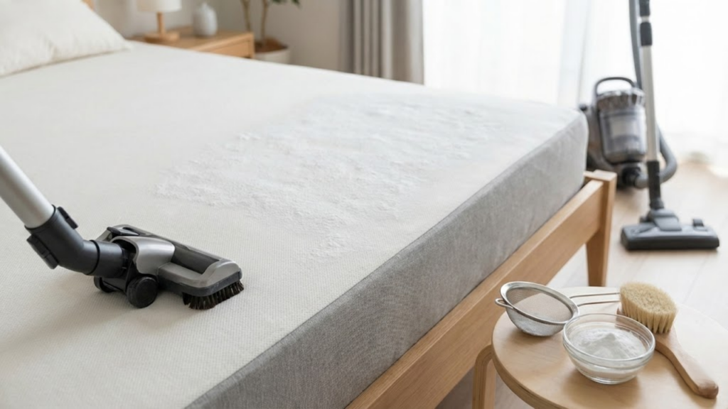 Aplicação de bicarbonato no colchão para eliminar odores e reduzir ácaros

